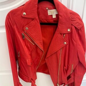 MICHAEL Michael Kors Red Leather Moto Jacket with Gold Hardware